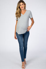 Heather Grey Ribbed V-Neck Maternity Top