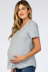 Heather Grey Ribbed V-Neck Maternity Top