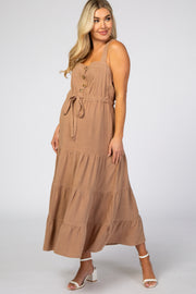 Taupe Button Up Tiered Maternity Maxi Dress