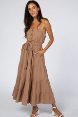 Taupe Button Up Tiered Maxi Dress