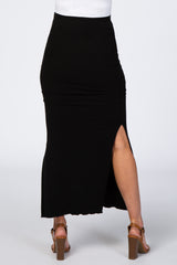 Black Ruched Side Slit Maternity Midi Skirt