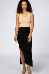 Black Ruched Side Slit Maternity Midi Skirt