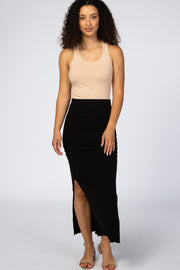 Black Ruched Side Slit Midi Skirt