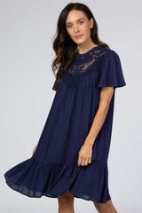 Navy Blue Crochet Front Ruffle Hem Dress