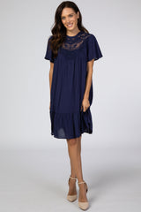 Navy Blue Crochet Front Ruffle Hem Dress