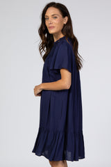 Navy Blue Crochet Front Ruffle Hem Dress