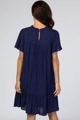 Navy Blue Crochet Front Ruffle Hem Dress