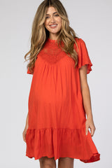 Orange Red Crochet Front Ruffle Hem Maternity Dress