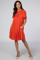 Orange Red Crochet Front Ruffle Hem Dress