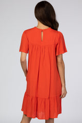 Orange Red Crochet Front Ruffle Hem Dress