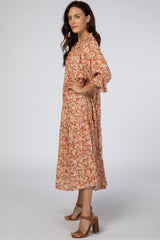 Rust Floral Tiered Midi Dress