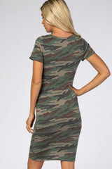 Olive Camo Short Sleeve Ruched Fitted Dress