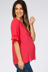 Coral Ruffle Sleeve Maternity Blouse