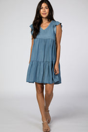 Blue Chambray Pleated Tier Ruffle Sleeve Dress