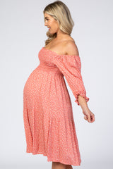 Coral Dot Printed Smocked Off Shoulder Maternity Midi Dress