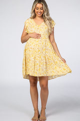 Yellow Floral Ruffle Sleeve Pleated Tier Maternity Mini Dress