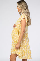 Yellow Floral Ruffle Sleeve Pleated Tier Maternity Mini Dress