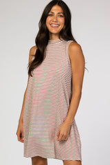 Mauve Striped Mock Neck Sleeveless Dress