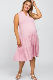 Pink Split Neck Tiered Maternity Plus Midi Dress