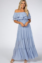 Light Blue Off Shoulder Eyelet Tiered Maxi Dress