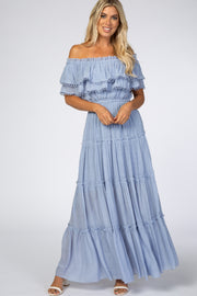 Light Blue Off Shoulder Eyelet Tiered Maxi Dress