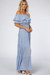 Light Blue Off Shoulder Eyelet Tiered Maxi Dress