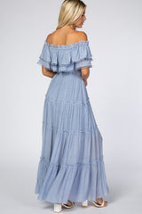 Light Blue Off Shoulder Eyelet Tiered Maxi Dress