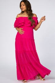 Fuchsia Eyelet Off Shoulder Tiered Maternity Maxi Dress