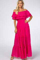 Fuchsia Eyelet Off Shoulder Tiered Maternity Maxi Dress