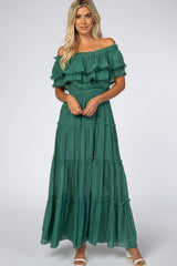 Green Off Shoulder Eyelet Tiered Maxi Dress