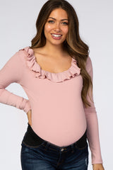 Pink Off Shoulder Ruffle Maternity Bodysuit