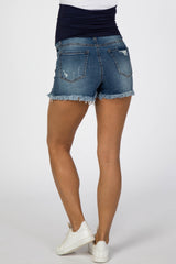 Navy Distressed Frayed Hem Maternity Jean Shorts