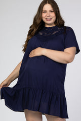 Navy Blue Crochet Front Ruffle Hem Maternity Plus Dress