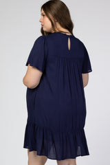 Navy Blue Crochet Front Ruffle Hem Maternity Plus Dress