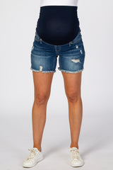 Blue Distressed Fringe Hem Maternity Jean Shorts