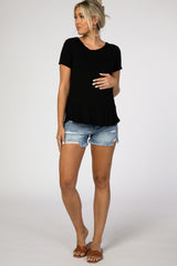 Blue Distressed Fringe Hem Maternity Jean Shorts