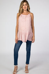 Pink Paisley Tie Strap Ruffle Hem Maternity Top