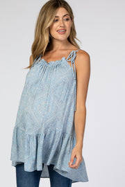 Blue Paisley Tie Strap Ruffle Hem Maternity Top