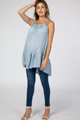 Blue Paisley Tie Strap Ruffle Hem Maternity Top