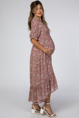 Mauve Floral Chiffon Ruffle Trim Hi-Low Maternity Midi Dress