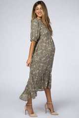 Olive Floral Chiffon Ruffle Trim Hi-Low Maternity Midi Dress