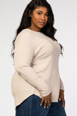 Taupe Grey Long Sleeve Ribbed Plus Top