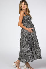 Black Floral Smocked Square Neck Ruffle Hem Maternity Midi Dress