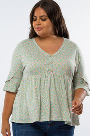 Mint Green Floral Button Front Plus Top