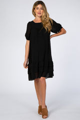 Black Chiffon Swiss Dot Ruffle Hem Maternity Midi Dress