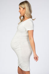 Light Heather Grey Ruched Tulip Hem Maternity Dress