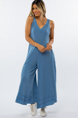 Blue Terry Wide Leg Maternity Jumpsuit