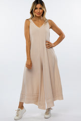 Beige Terry Wide Leg Maternity Jumpsuit