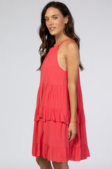 Coral Halter Neck Tie Tiered Dress