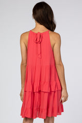 Coral Halter Neck Tie Tiered Dress